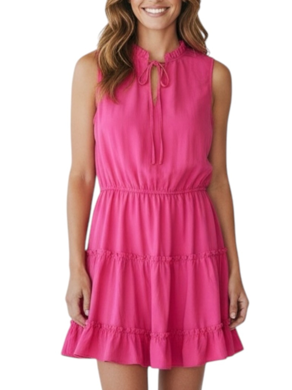 CUPSHE Sleeveless Tie-Neck Pink Tiered Swim Cover-Up in Hot Pink Size XL